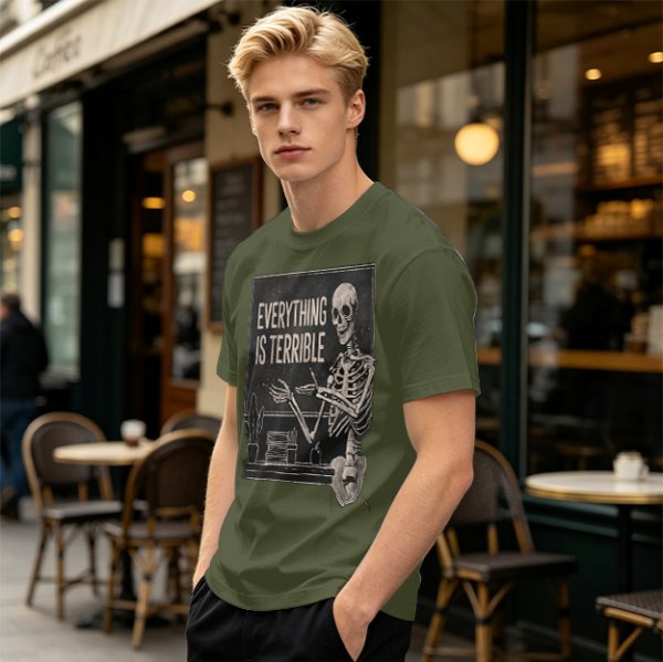 Olive t-shirt with skeleton teacher and 'Everything Is Terrible' print