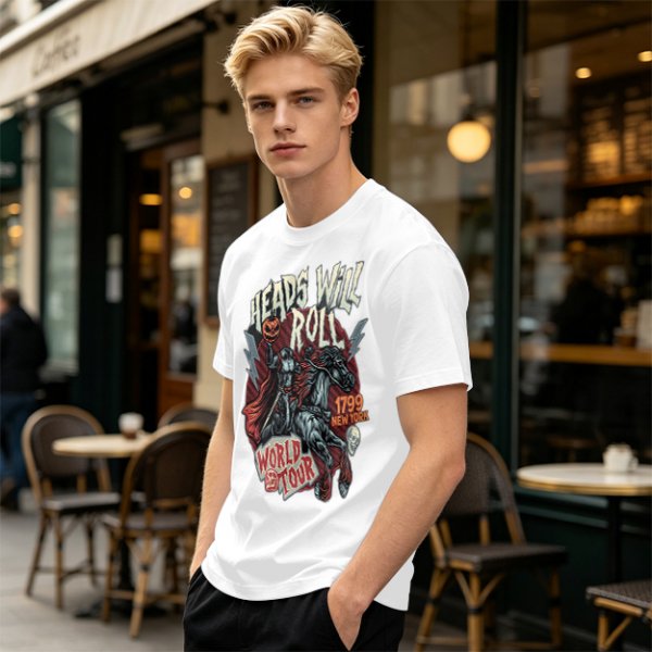 Olive graphic t-shirt featuring Headless Horseman 'Heads Will Roll World Tour' print