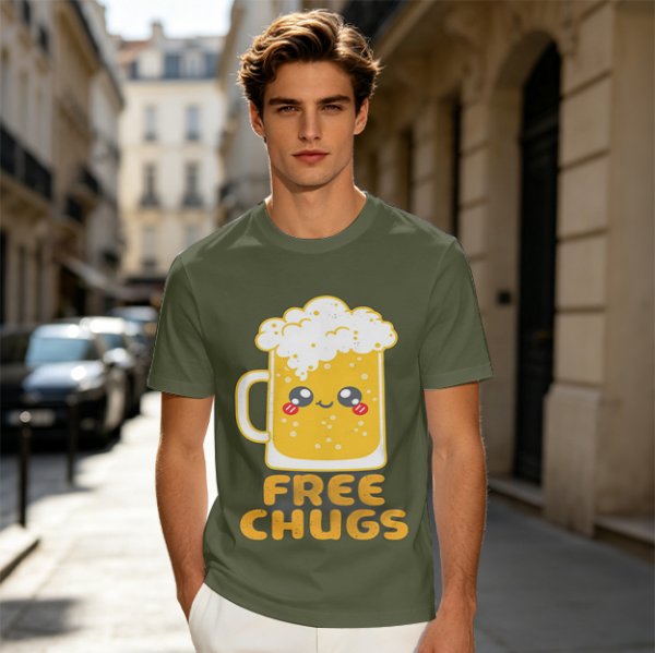 Olive Green T-Shirt With Cute Kawaii Beer Mug Free Chugs Print