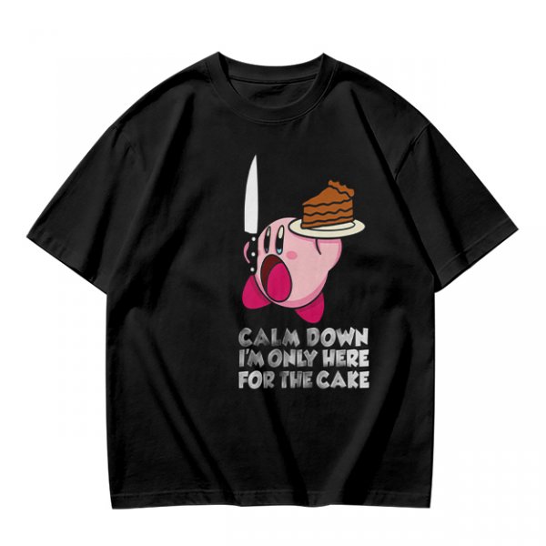 Olive t-shirt with Kirby holding knife and cake, text Calm Down I'm Only Here For The Cake