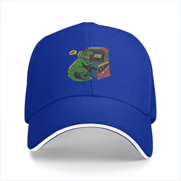 Black Baseball Cap with T-Rex Playing Asteroids Arcade Game Over Print