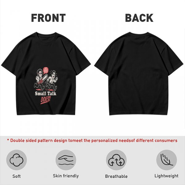 Olive graphic t-shirt with chainsaw man chasing scared person and 'Small Talk Does!' text