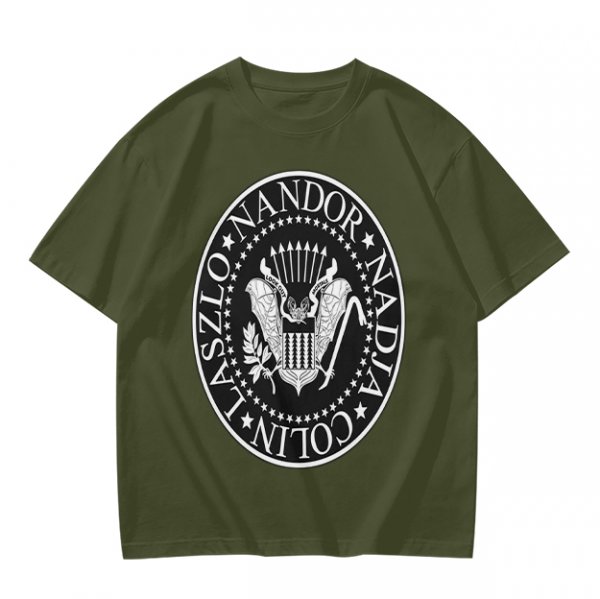 Olive T-Shirt with Vampire Roommates Names Presidential Seal Print