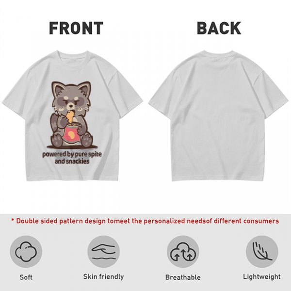 Olive t-shirt with a raccoon eating snacks and 'powered by pure spite and snackies' text