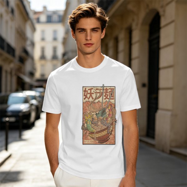 Olive T-shirt with Vintage Yokai Ramen Bowl Graphic Print