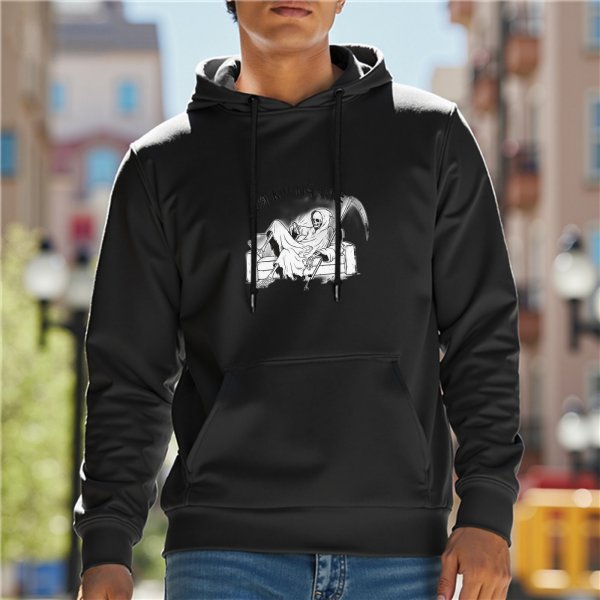 Black Hoodie with Grim Reaper Lounging on Couch Graphic