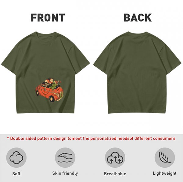 Olive T-Shirt with Skeleton and Friends in Christmas Car Print