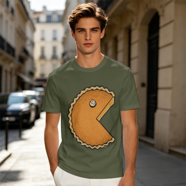 Olive T-Shirt With Pac-Man Style Pumpkin Pie Graphic
