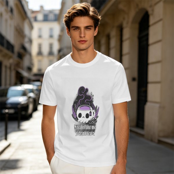 Olive graphic t-shirt with skull tea cup and 'Freaks like me drink tea' text