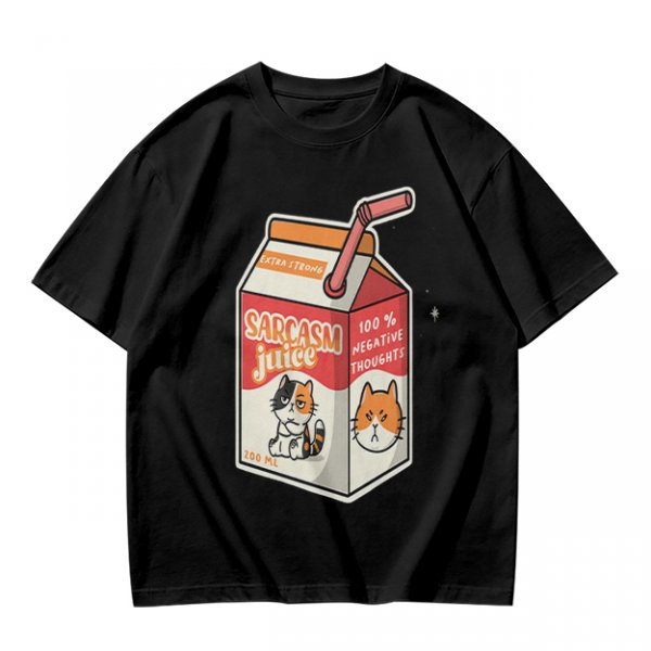Olive green t-shirt with sarcasm juice carton and grumpy cat print
