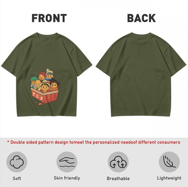 Olive T-shirt with Chibi Anime Characters in Takeout Box