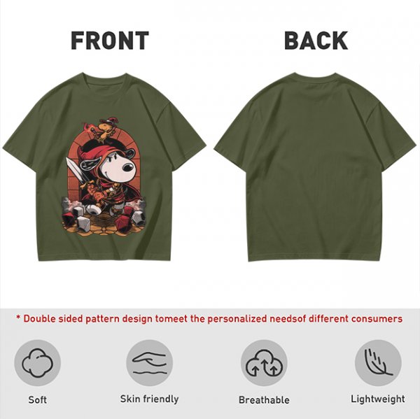 Olive T-Shirt Featuring Snoopy as a Fantasy Warrior with Woodstock