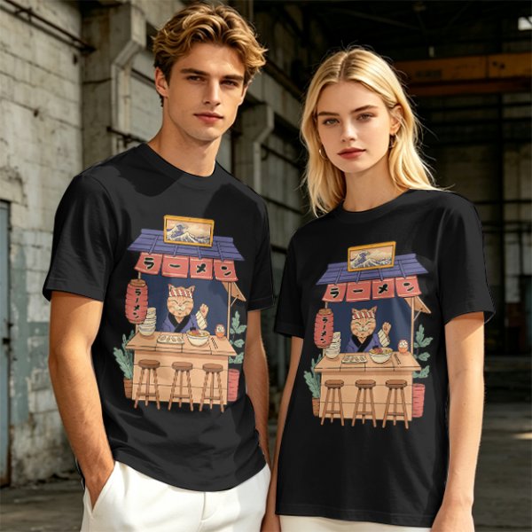 Olive T-Shirt with Cat Ramen Shop Artwork