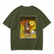 Olive T-shirt with Cartoon Bear Costume Figure in Flames Art