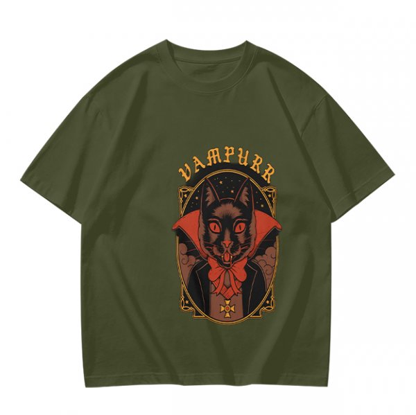 Olive T-Shirt with Vampurr Black Cat Vampire Graphic