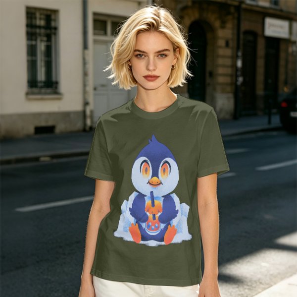 Olive T-shirt with Cute Penguin Drinking Boba Tea Print