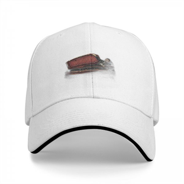Black Baseball Cap With Coffin And Skeleton Graphic Print