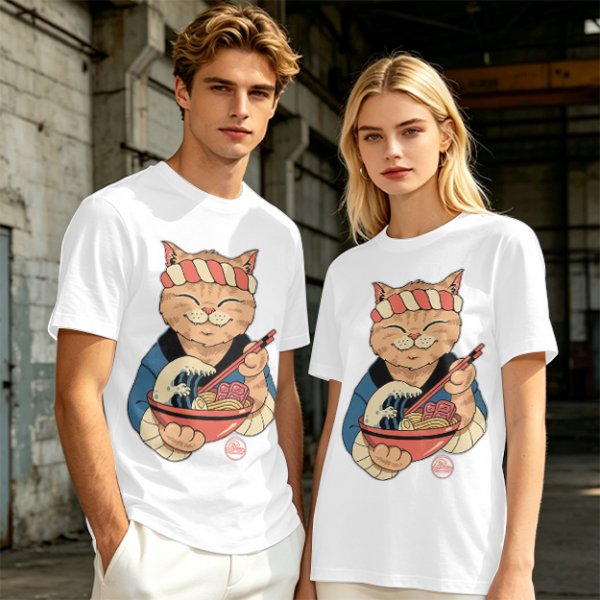 Olive T-Shirt with Japanese Ramen Chef Cat Graphic