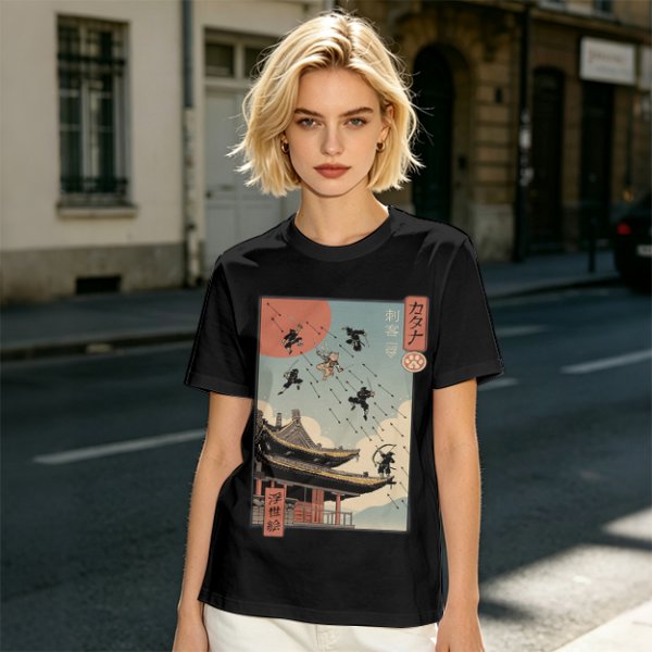 Olive T-Shirt with Ukiyo-e Style Ninja Temple Print