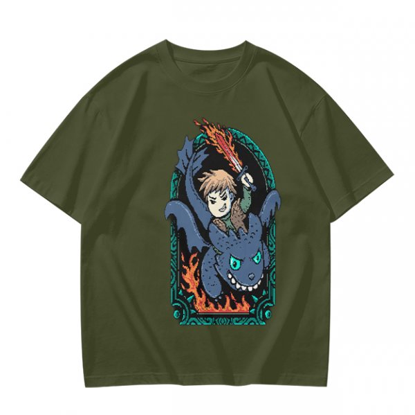 Olive T-shirt with How to Train Your Dragon Toothless and Hiccup Print