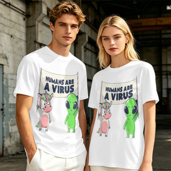 Olive T-shirt with Unicorn and Alien Holding 'Humans Are A Virus' Sign