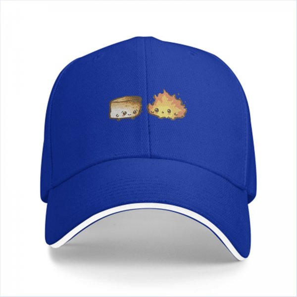 Black baseball cap with cute roasted marshmallow and fire graphic