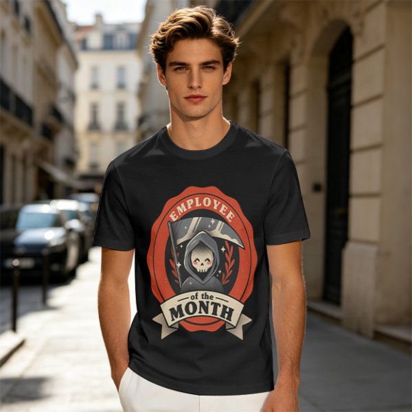 Olive T-Shirt with Cute Grim Reaper Employee of the Month Print