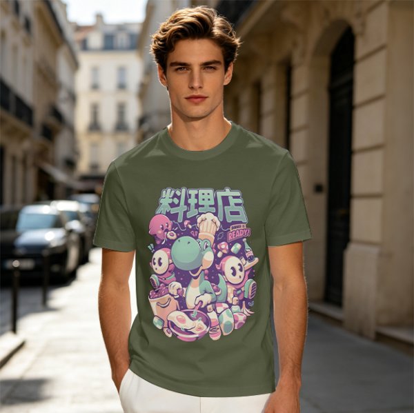Olive t-shirt with dinosaur chef and cute character cooking graphic