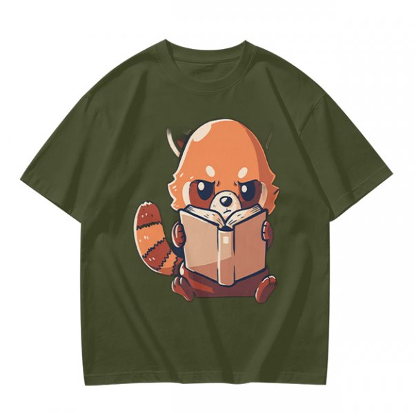 Olive T-Shirt with Cute Red Panda Reading Book Graphic