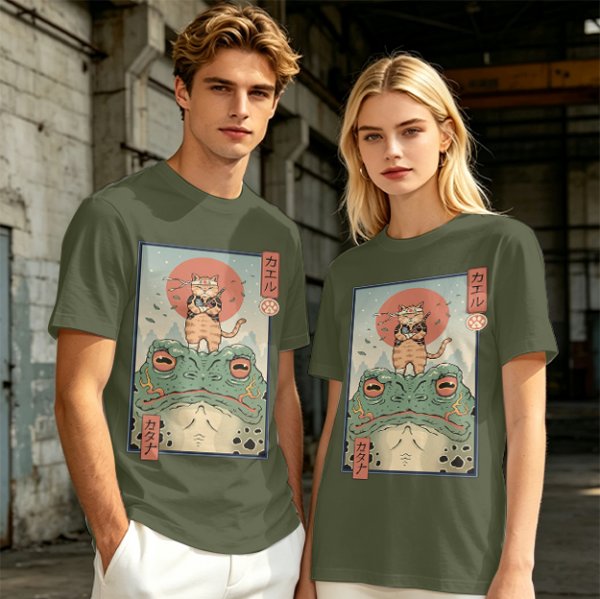 Olive T-shirt with Samurai Cat Riding Giant Frog Japanese Art Print