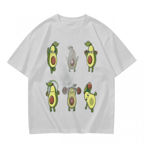 Olive Green T-Shirt with Cartoon Avocado Fitness Characters Print