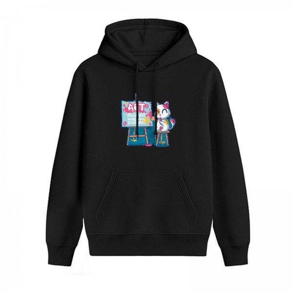 Black Hoodie With Cute Painting Cat Art Print Design