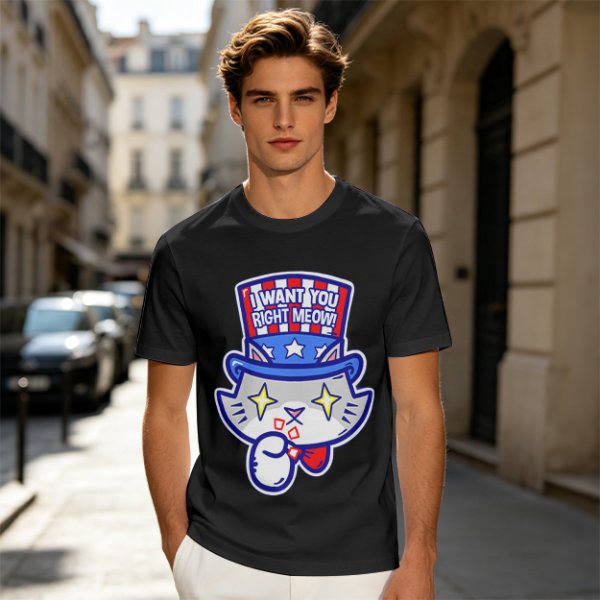 Olive T-Shirt With Patriotic Cat 'I Want You Right Meow' Print