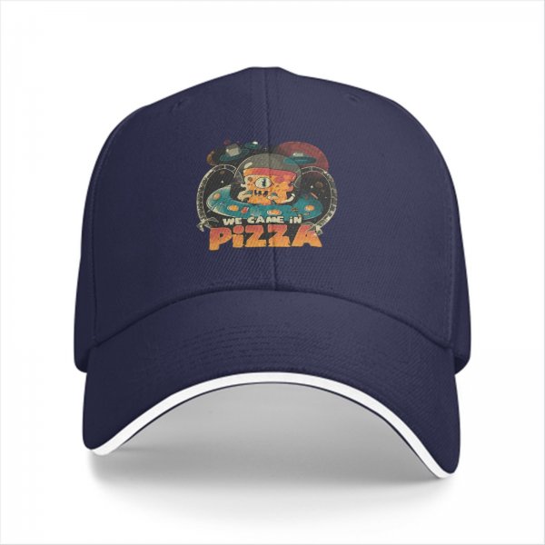 Black baseball cap with 'We Came In Pizza' alien UFO graphic