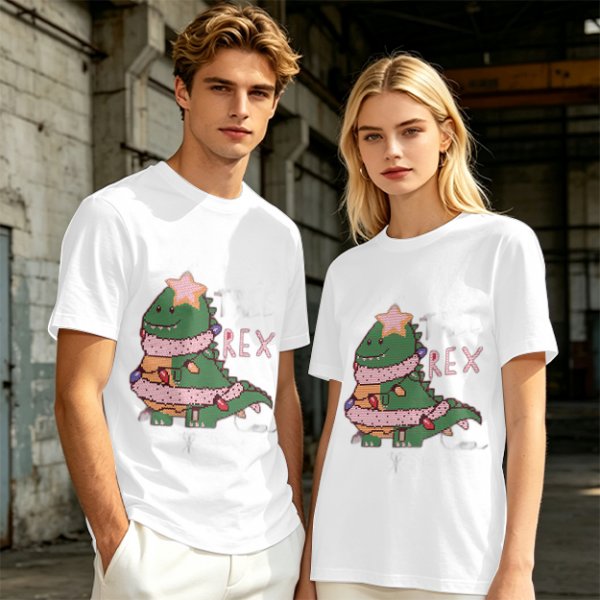 Olive T-shirt with Christmas T-Rex Dinosaur Graphic