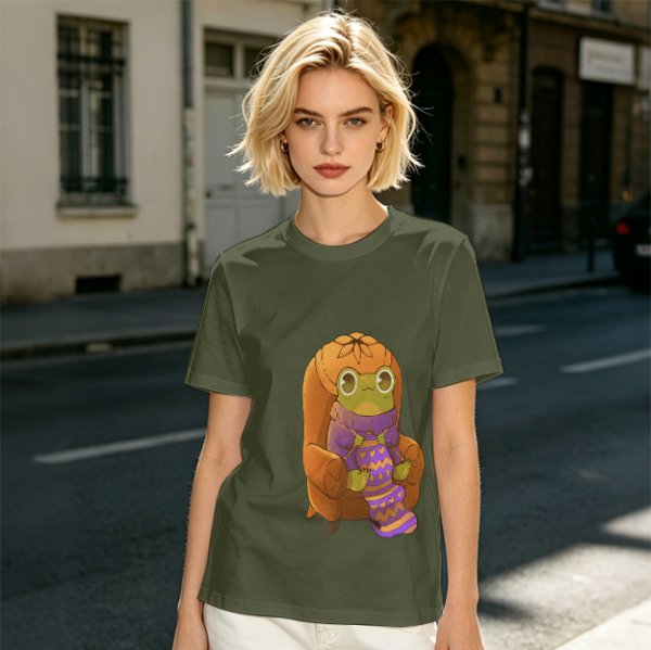Olive Green T-Shirt with Cozy Frog in Pumpkin Hat Graphic