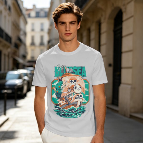 Olive T-Shirt with Cartoon Pirate Ship Blue Sea Cruise Print