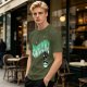 Olive green graphic t-shirt with 'Scandalacious' print and witch hat design