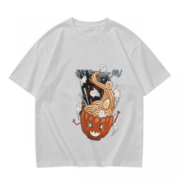 Olive green t-shirt with pumpkin ramen and ghost graphic print