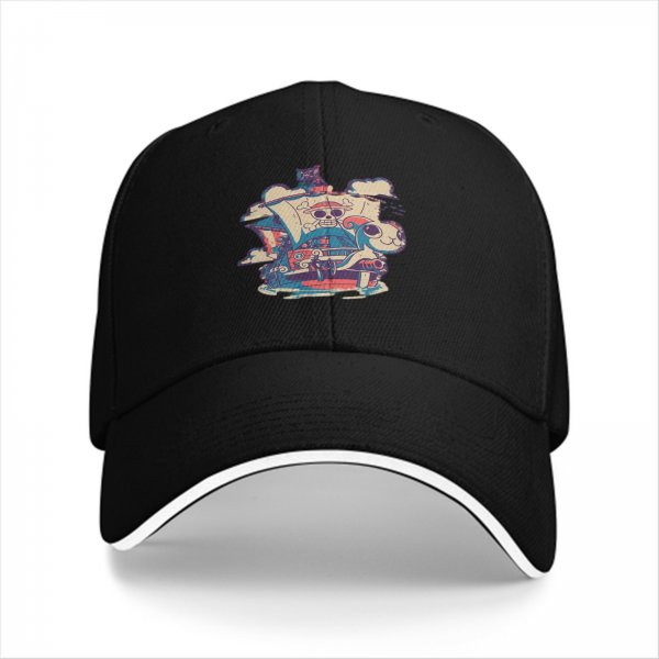 Black Baseball Cap With Anime Pirate Ship Graphic