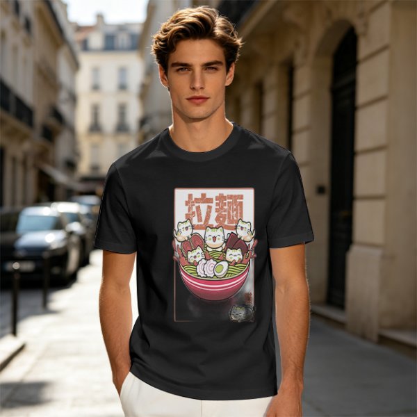 Olive T-Shirt With Cute Ramen Cat Bowl Graphic Print