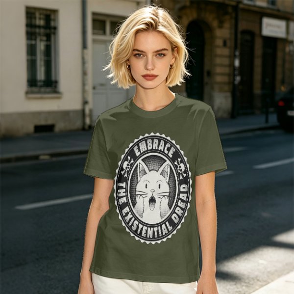 Olive t-shirt with 'Embrace the Existential Dread' screaming cat graphic