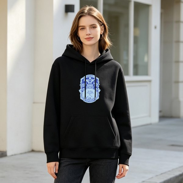 Black hoodie with Questers Monsters themed blue graphic print