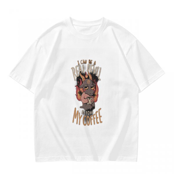 Olive graphic t-shirt with 'I can be a real devil before my coffee' print
