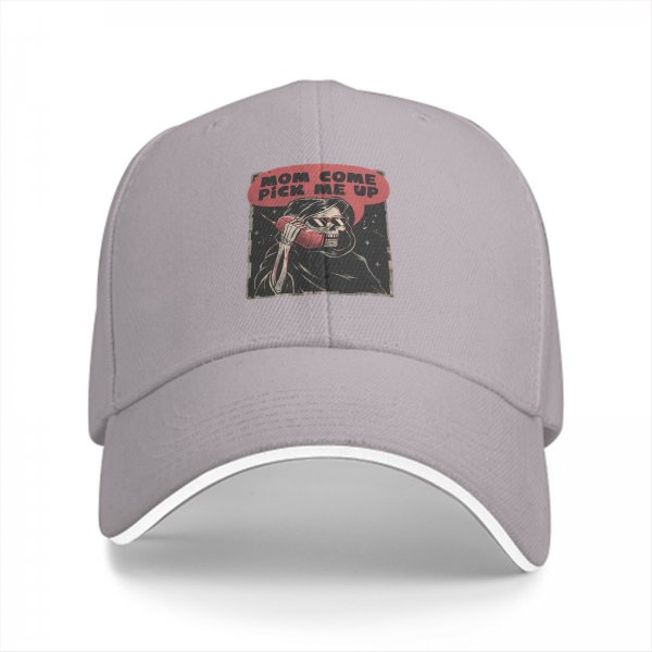 Black baseball cap with 'Mom Come Pick Me Up' skeleton graphic