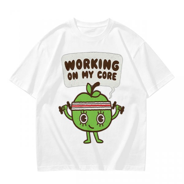 Olive green t-shirt with cartoon apple lifting dumbbells and 'Working on my core' text