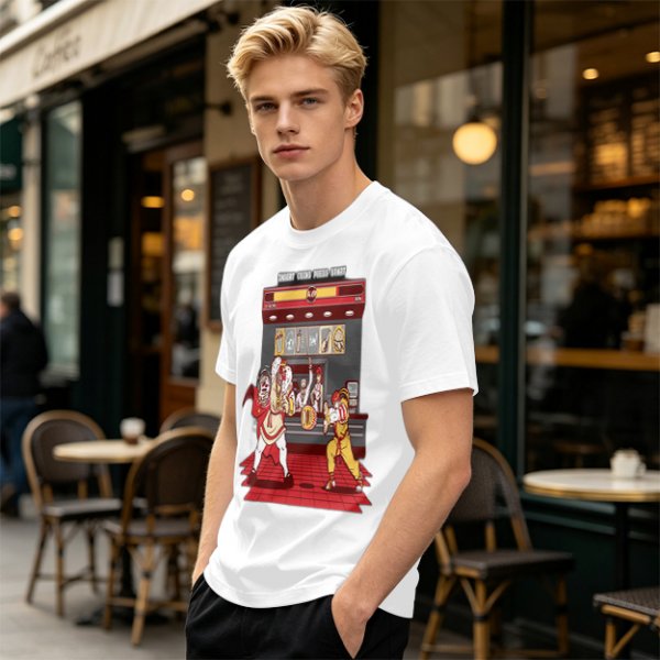 Olive T-shirt with Fast Food Themed Street Fighter Style Fight Artwork