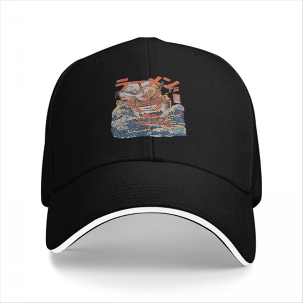 Black Baseball Cap with Japanese Ramen Wave Art Print