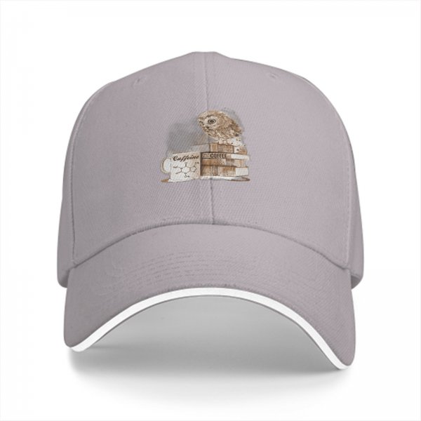 Black baseball cap with owl coffee and books graphic