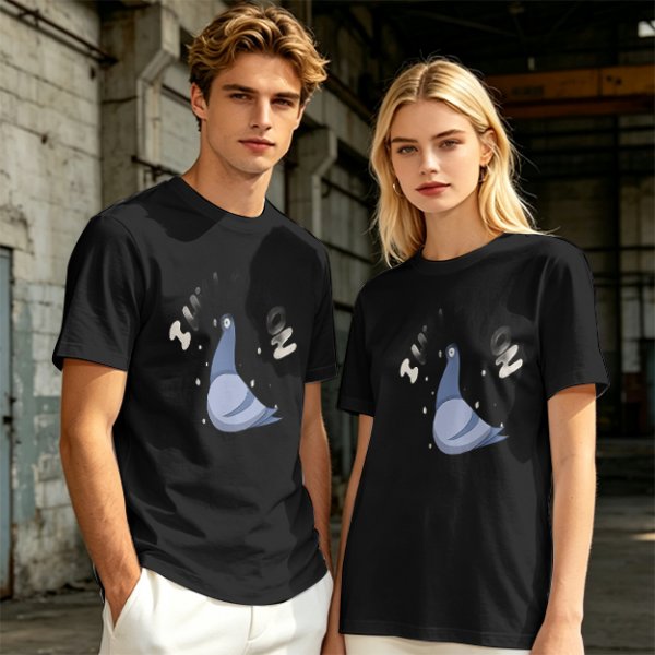 Olive green graphic t-shirt with cartoon pigeon print